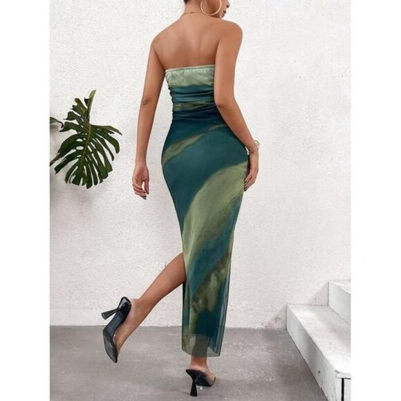 New Women's Gradient Mesh Halter Bodycon Dress With High Slit - Picture 2 of 6